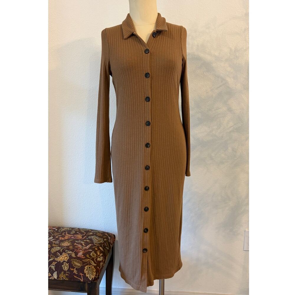Madewell Brown Ribbed Collared Button Front Midi Sweater Dress Women's Medium